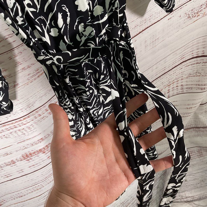 Proenza Schouler Crepe De Chine Black & White Floral Wrap Midi Dress Size 9