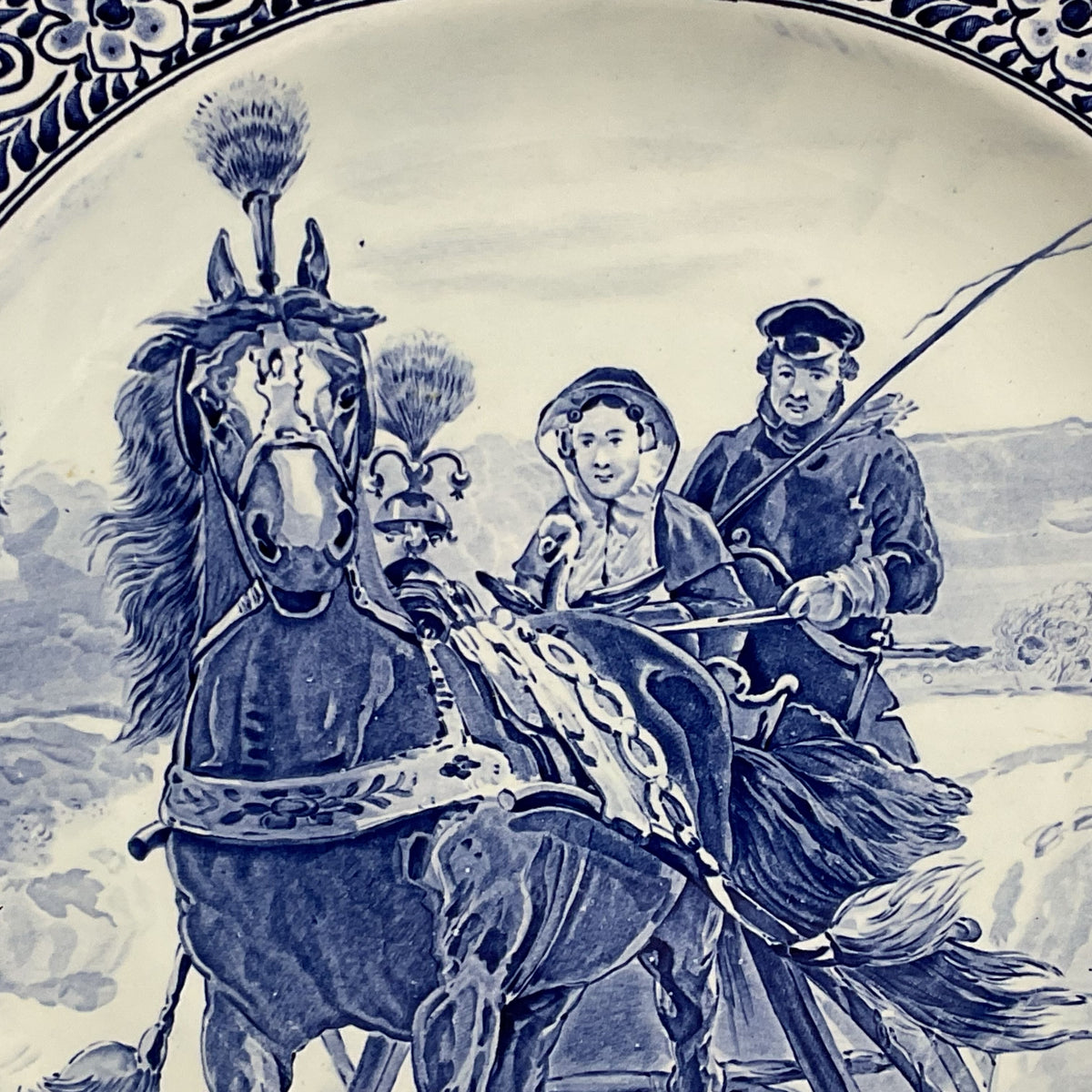 ANTIQUE DELFTS Royal Sphinx Maastricht Man & Women Horse Wall Plate - 15.75"