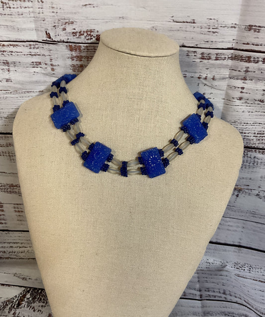 Carved Blue Glass Beaded Necklace Silver Clasp