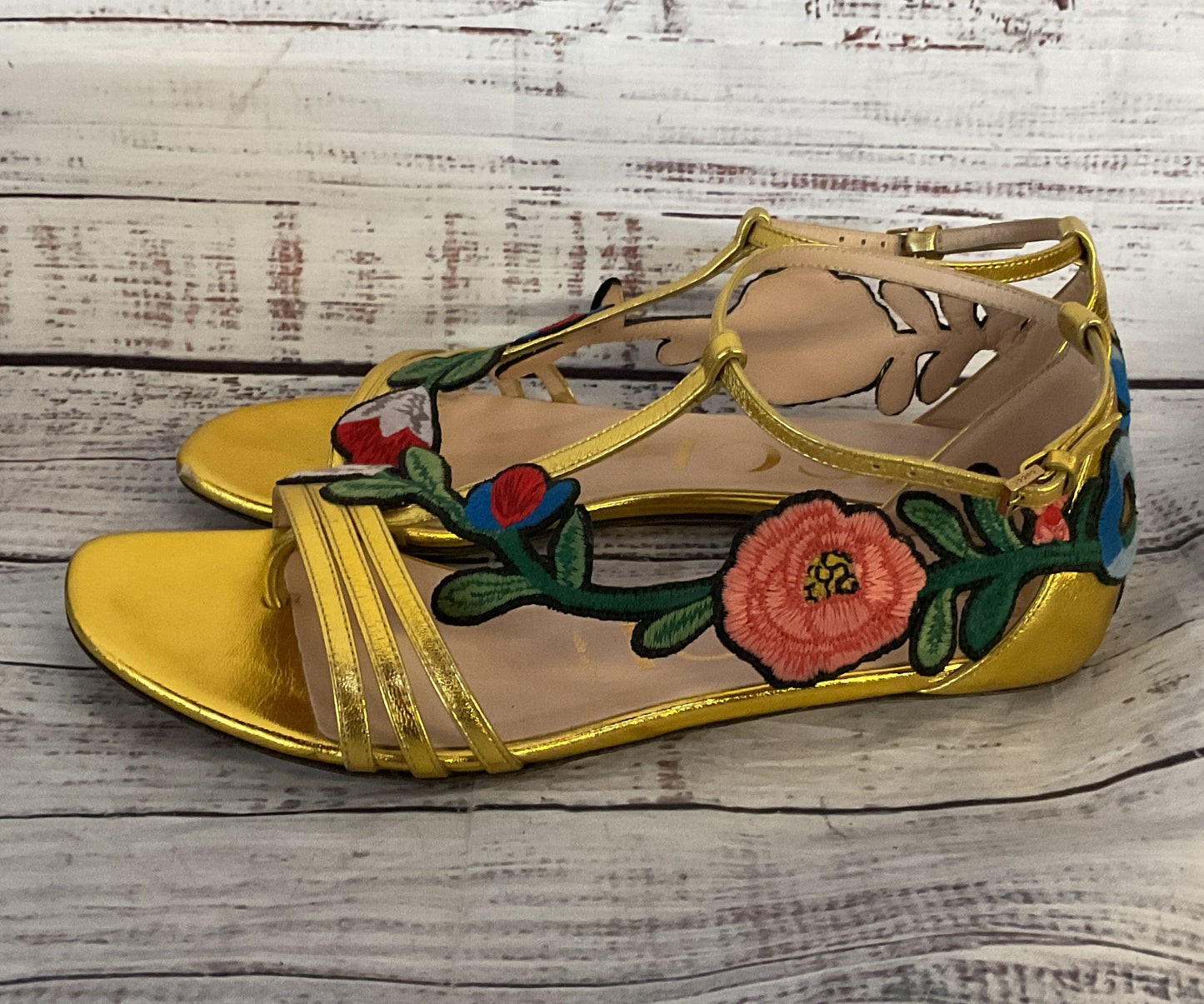 Gucci Leather Ophelia Floral Embroidered Flat Sandals Gold 6