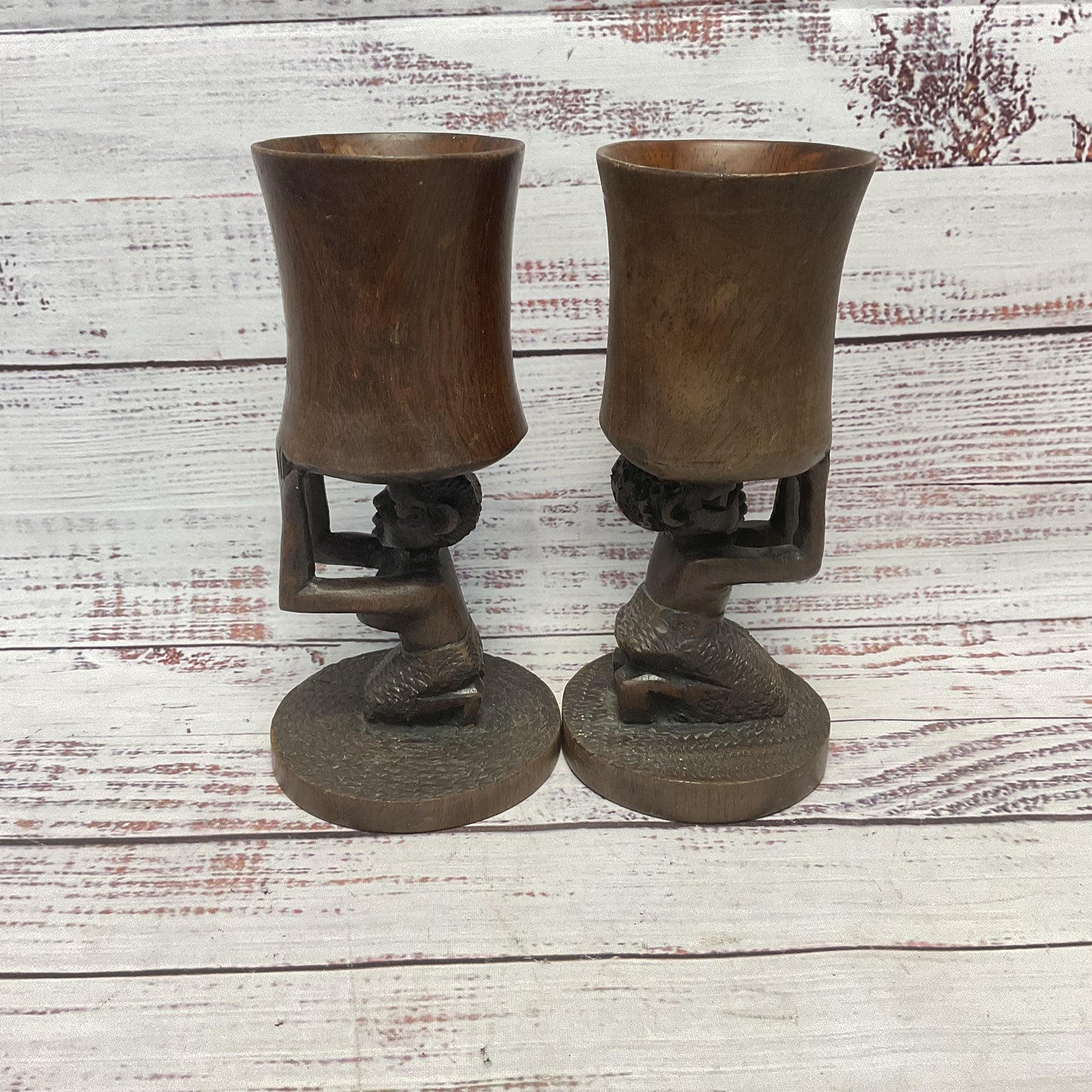 Hand Carved African Wooden Drinking Cups 7" Set Of 2