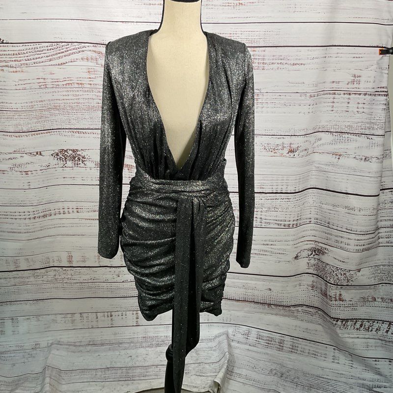 HOUSE of CB London Women Black Glitter Ruched Pleated Low V-Neck Dress- SZ XS