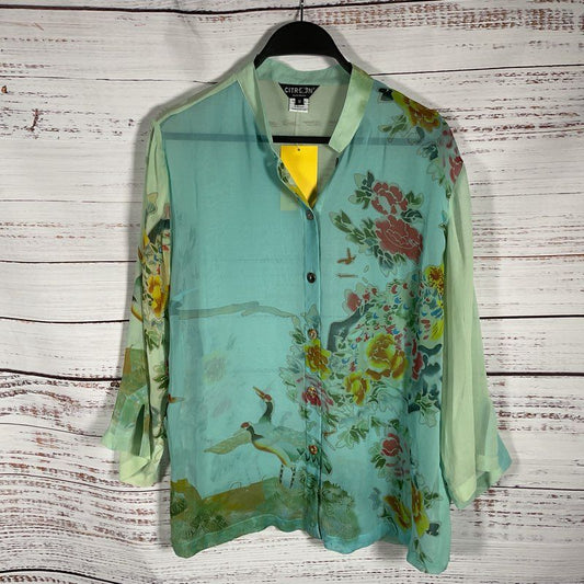 NWT Citron Green Shear 100% Silk Floral Mandarin Collar Button Up Blouse Size M