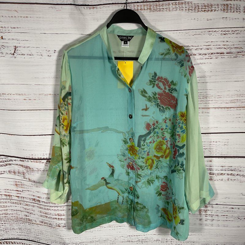 NWT Citron Green Shear 100% Silk Floral Mandarin Collar Button Up Blouse Size M