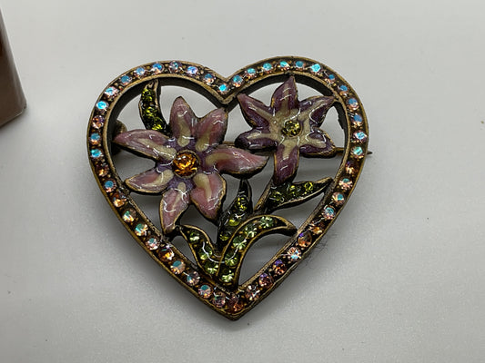 JAY STRONGWATER Enamel & Rhinestone Floral Heart 1.25" Brooch- (BROKEN BACKING)