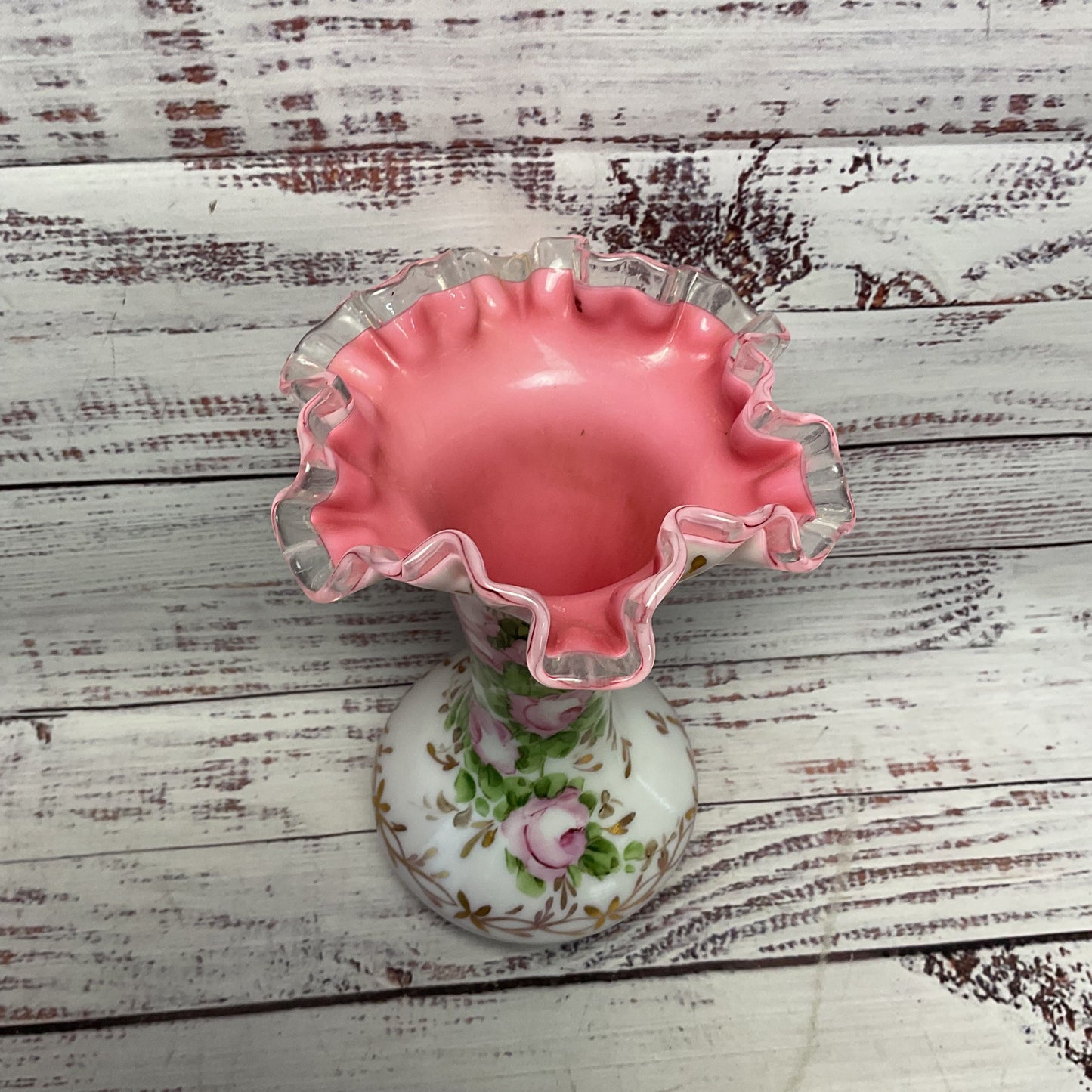 Fenton Hand Painted Pink Floral Flower Roses Milk Glass Clear Ruffled Rim 8"