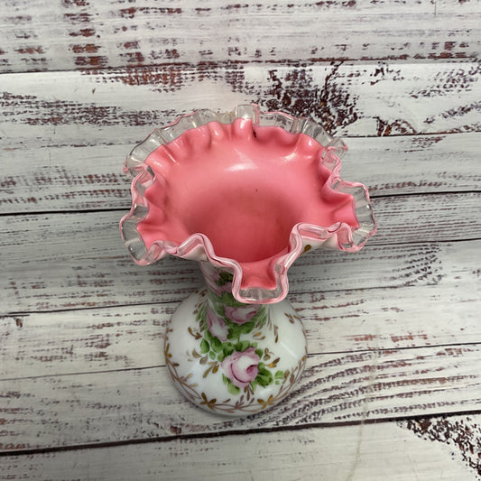 Fenton Hand Painted Pink Floral Flower Roses Milk Glass Clear Ruffled Rim 8"
