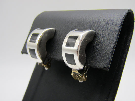 Sterling Silver Black Enamel Clip-On Earrings