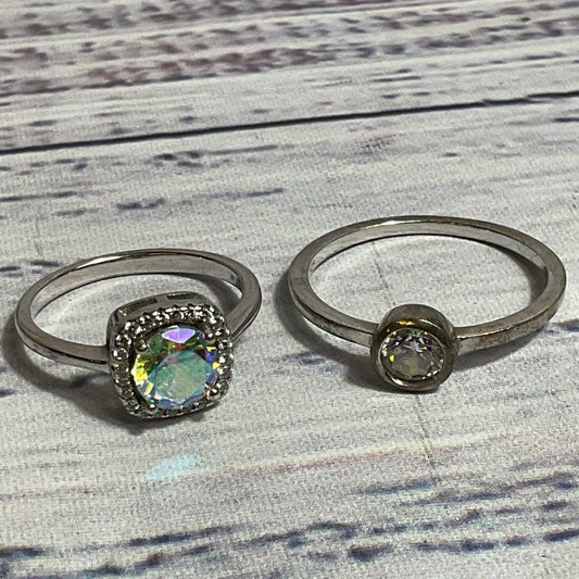 Set of 2 Sterling Silver Rhinestone SZ 7.75 & 10.75 Rings- 5.30g