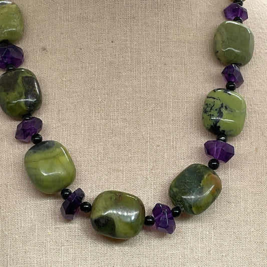 Sterling Silver Jasper & Amethyst Chunky Beaded 18" Necklace