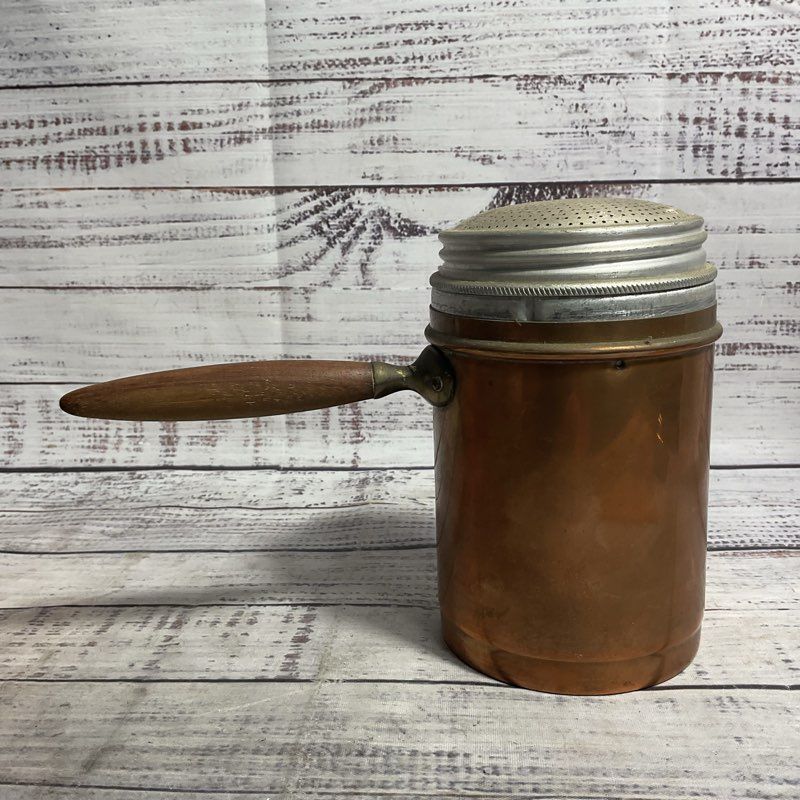Set Of 2 Vintage Copper Muffineer Powder Sugar Shaker Italian Wood Handle