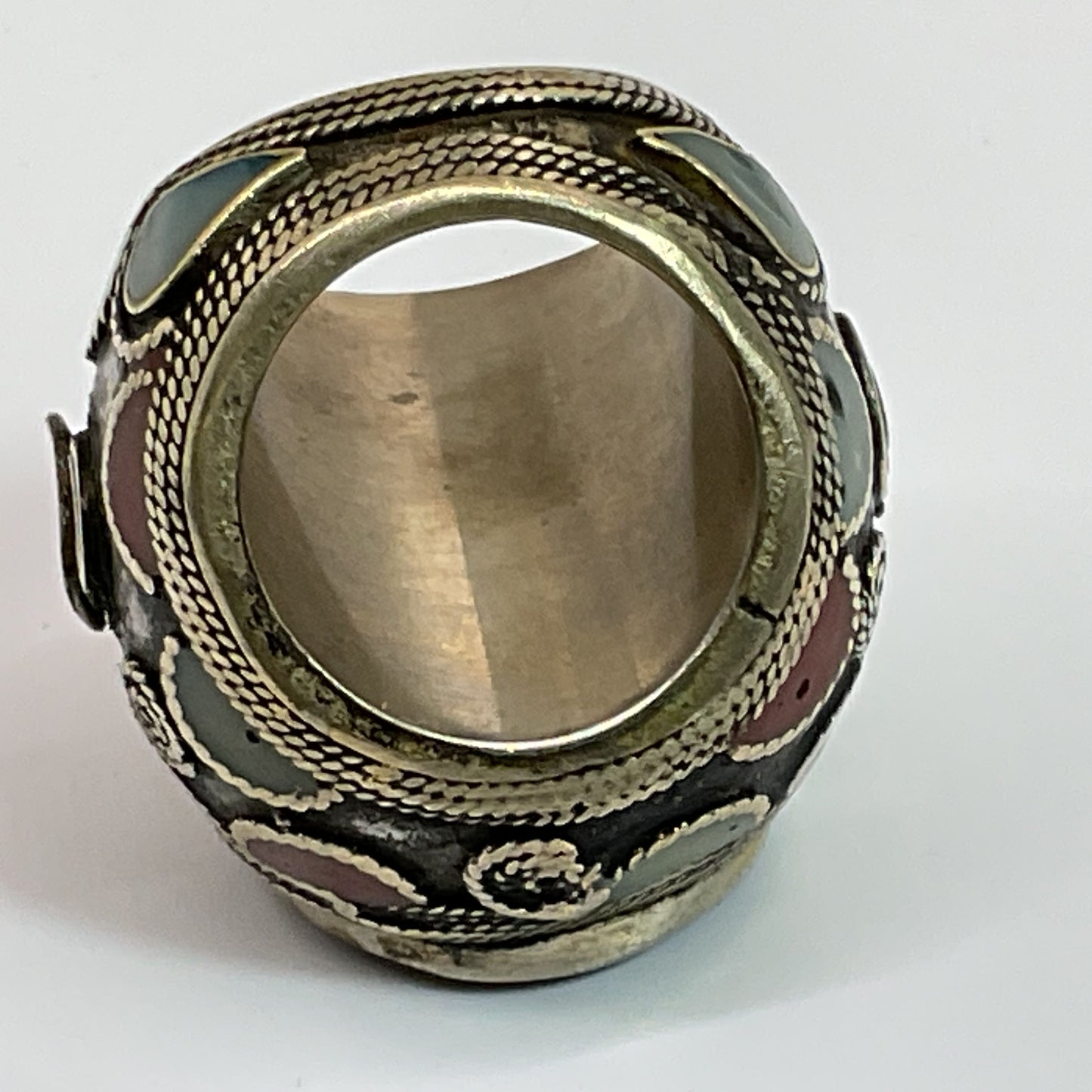 Afghan Silver Tone Stone Inlay Chunky SZ 7.5 Ring