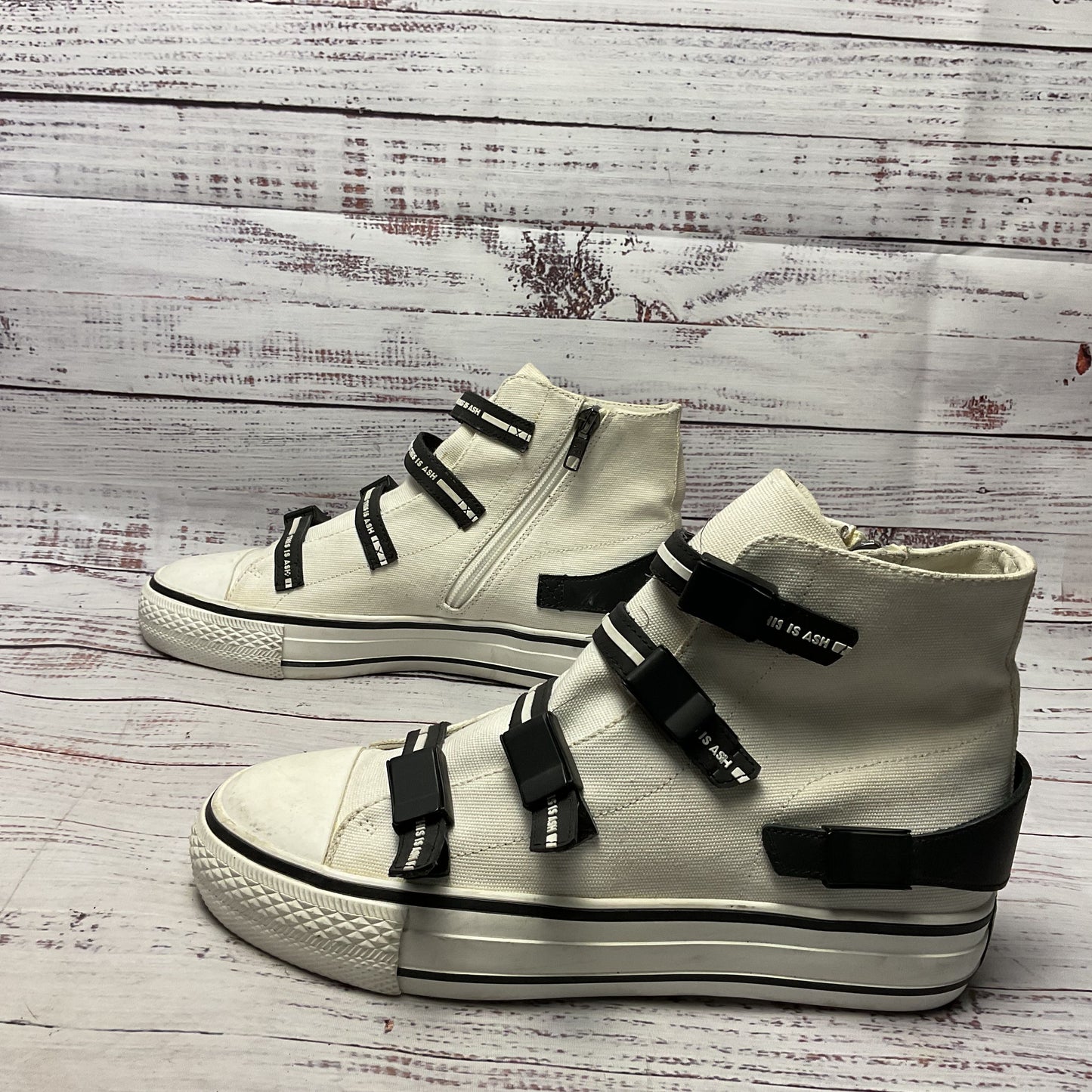 Ash White Canvas Hi-top Black Strap Buckle Sneaker Casual Shoe Women Size 7.5