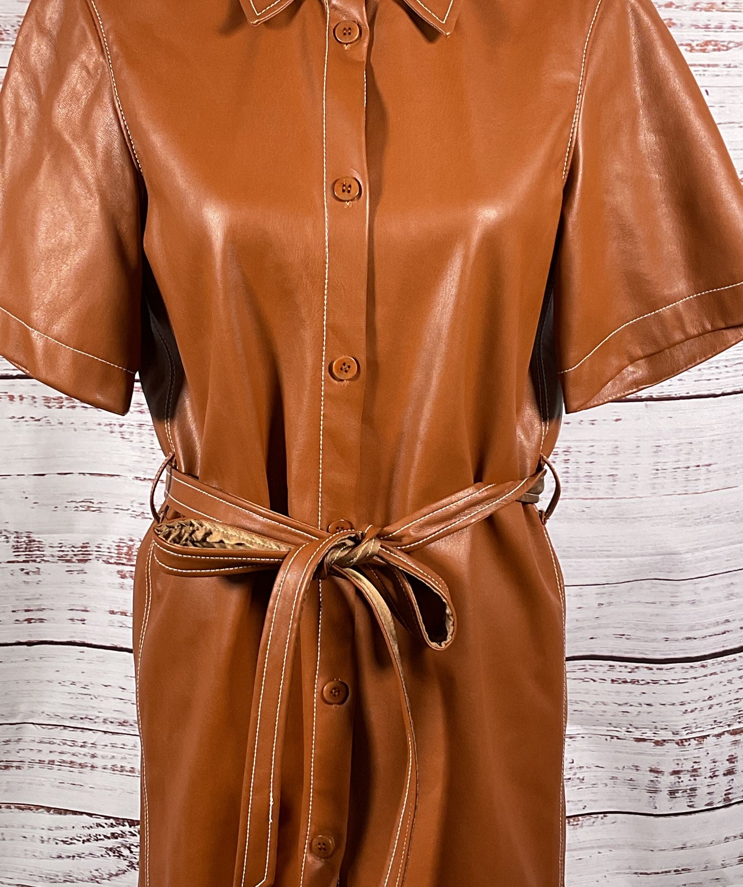 Staud Faux Leather Button Down Short Sleeve Dress Brown XS