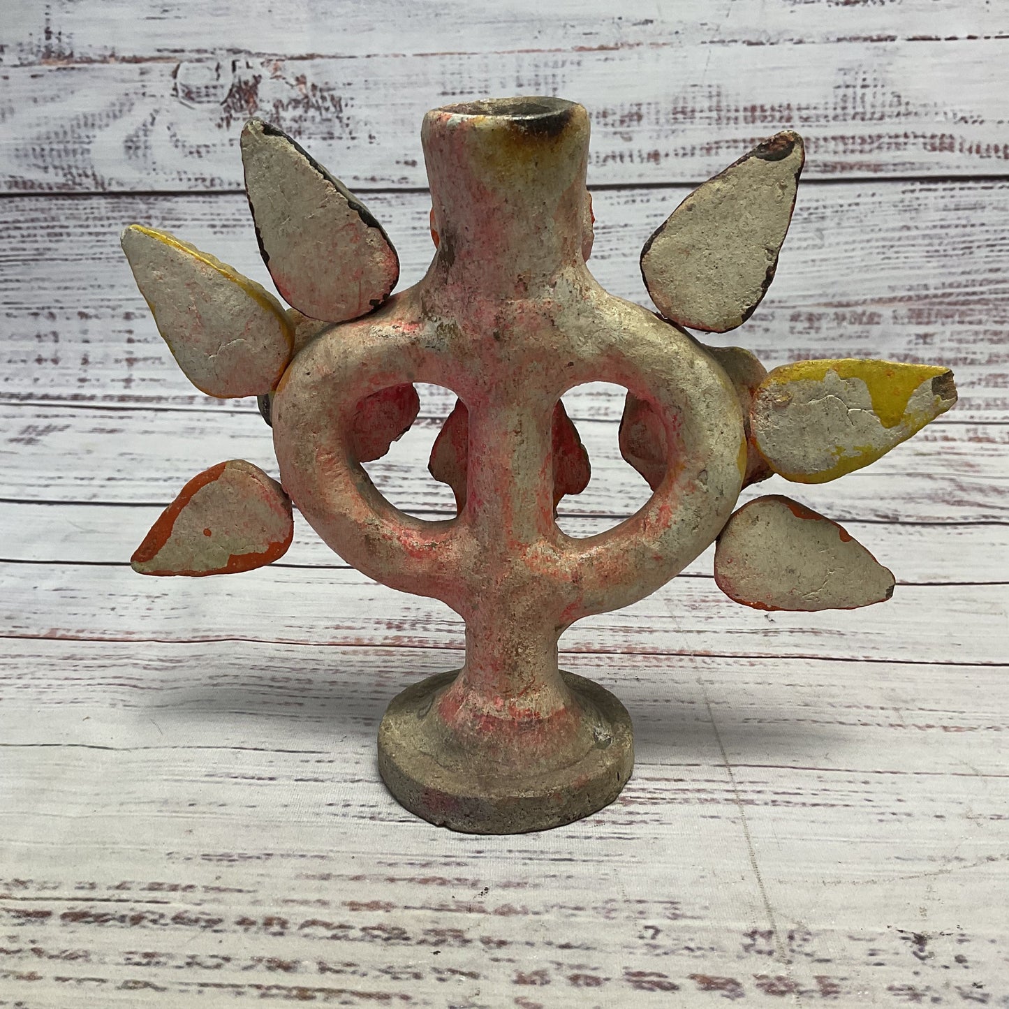 Mexican Folk Pottery Terracotta Candle Holder Tree of Life Flowers Leaves 6"