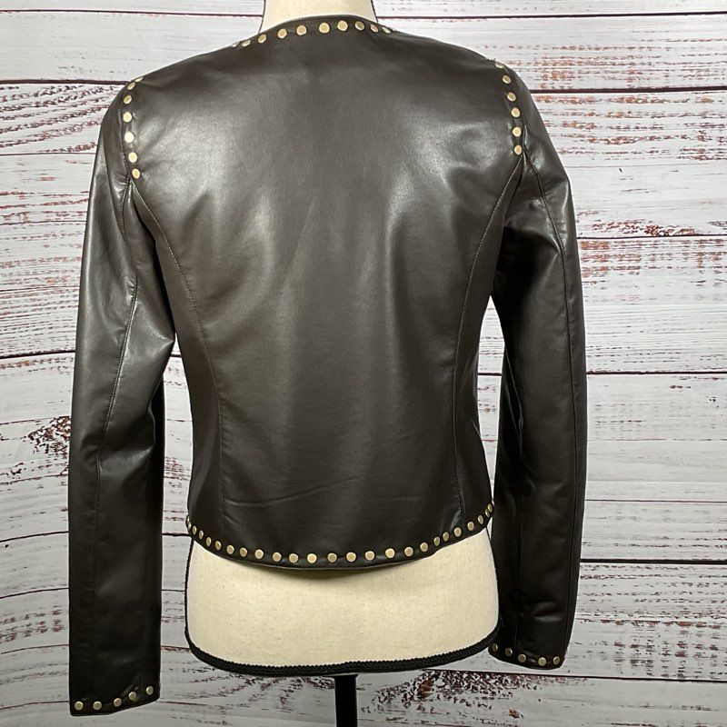 WORTH Women's Brown Faux Leather Studded Zip Up Jacket- XP