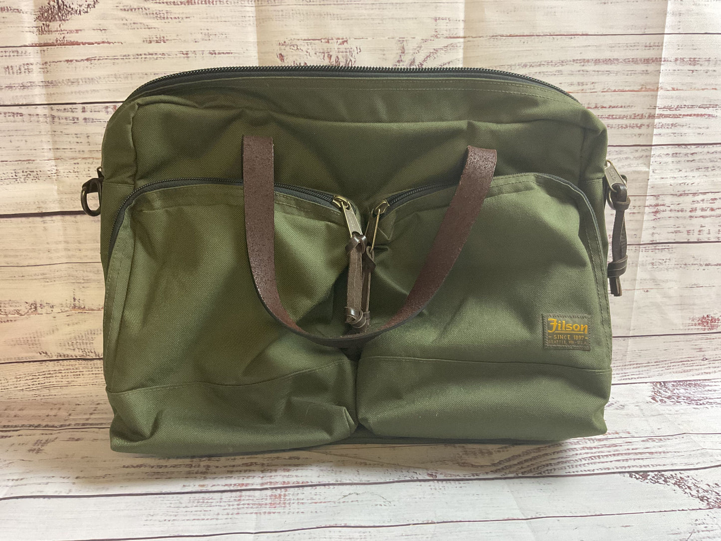 Filson Green Canvas Briefcase with Shoulder Strap