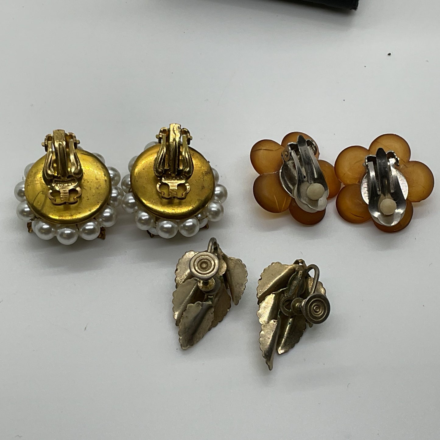 Set of 3 VTG. Enamel, Faux Pearl and Lucite Clip-On Earrings