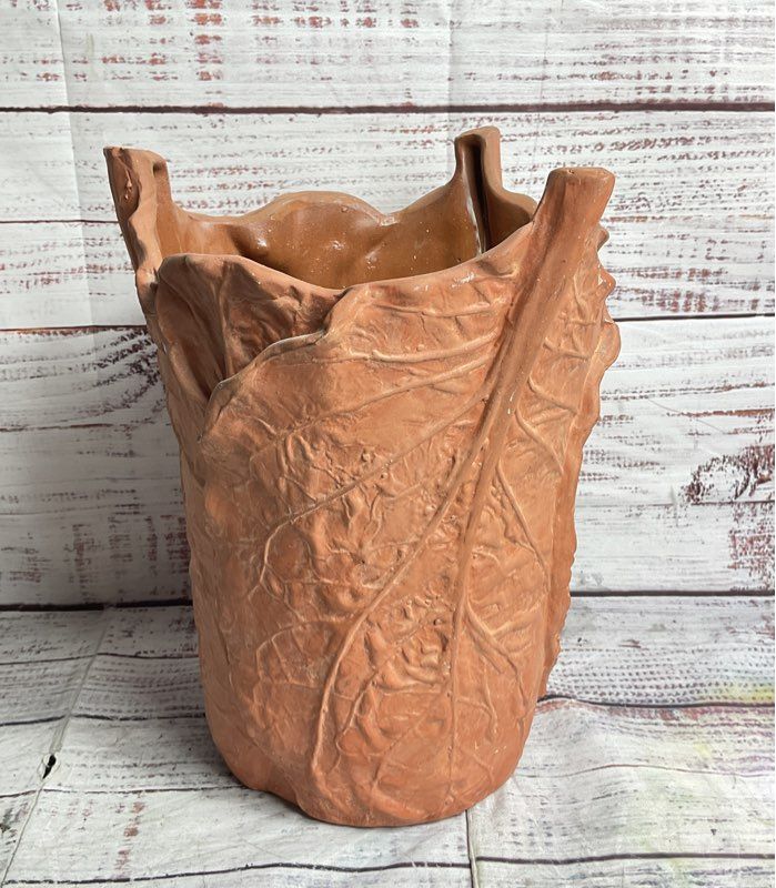 Handmade Cabbage Leaf Pottery 10" Vase Terracotta
