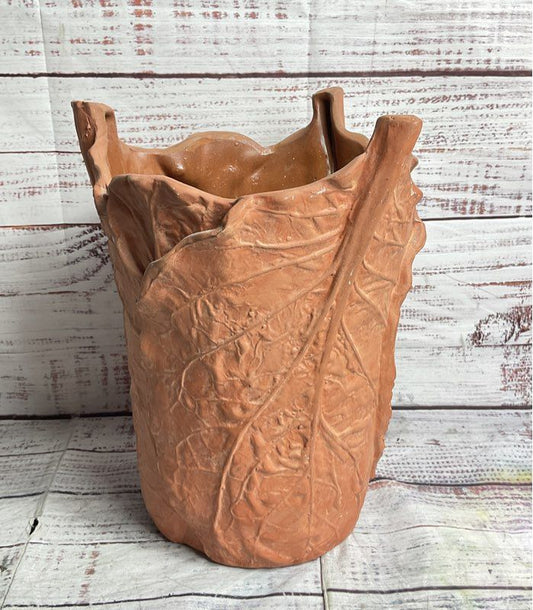 Handmade Cabbage Leaf Pottery 10" Vase Terracotta