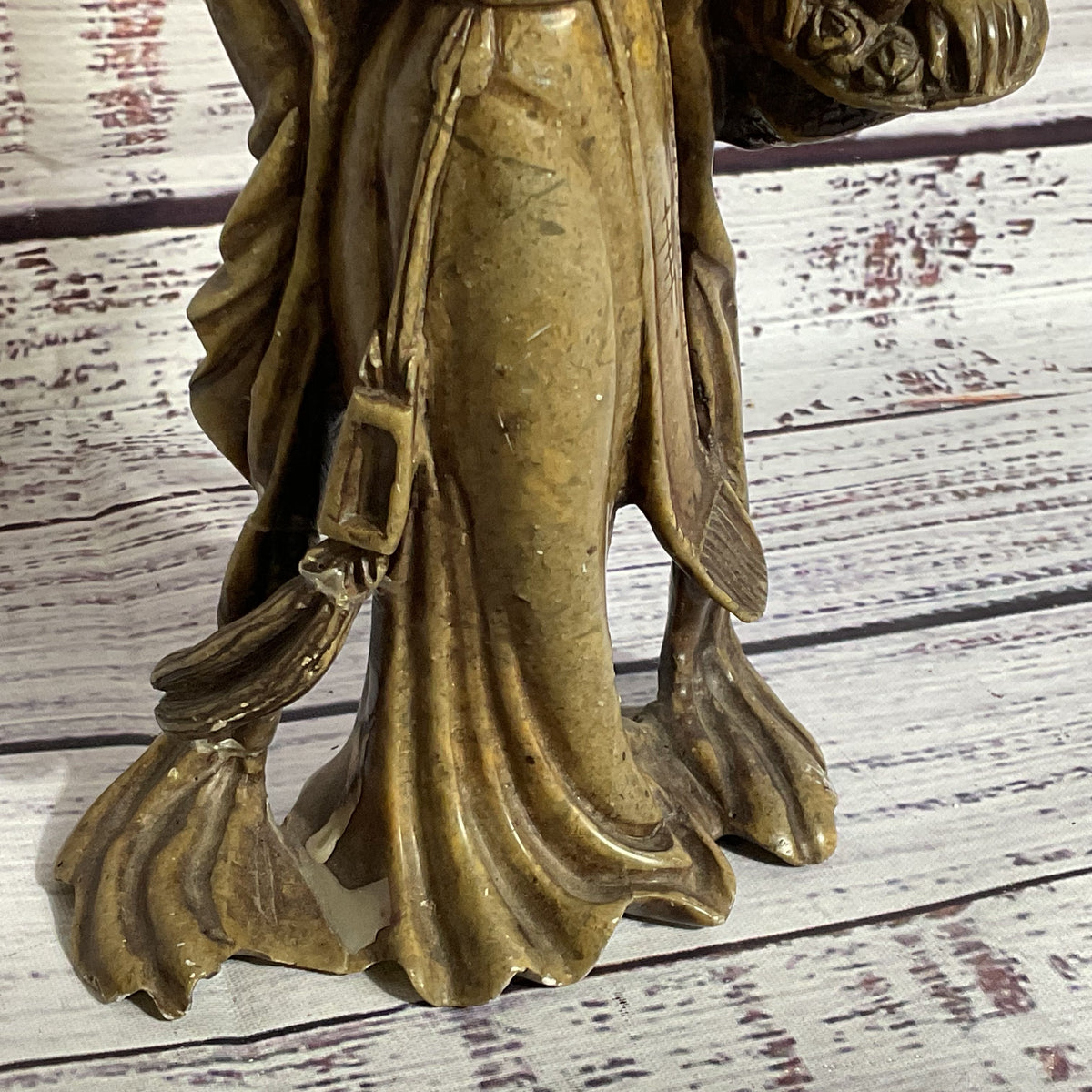 Signed VTG./ANTIQUE Chinese Quan Yin Holding Basket Soapstone Figurine- 7"