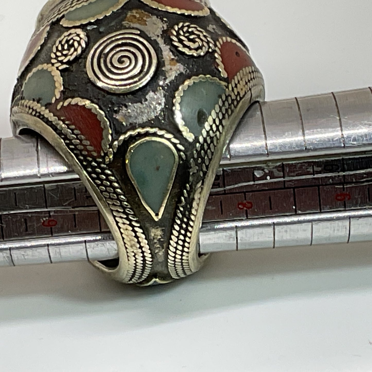 Afghan Silver Tone Stone Inlay Chunky SZ 7.5 Ring