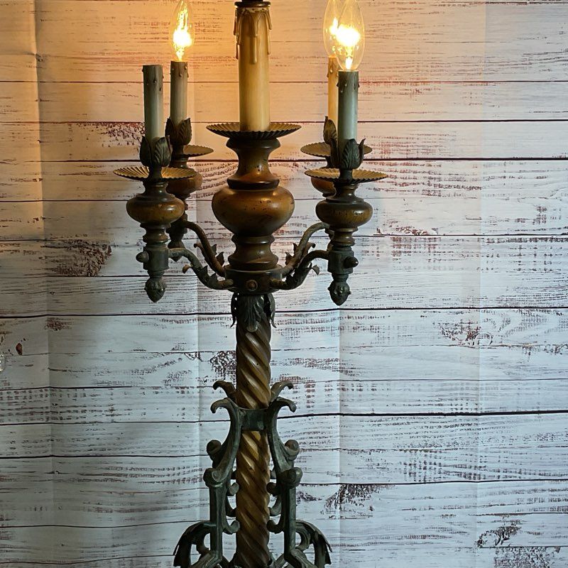 ANTIQUE French?? Brass and Wood Base 5 Arm Ornate Lamp- 42" Tall