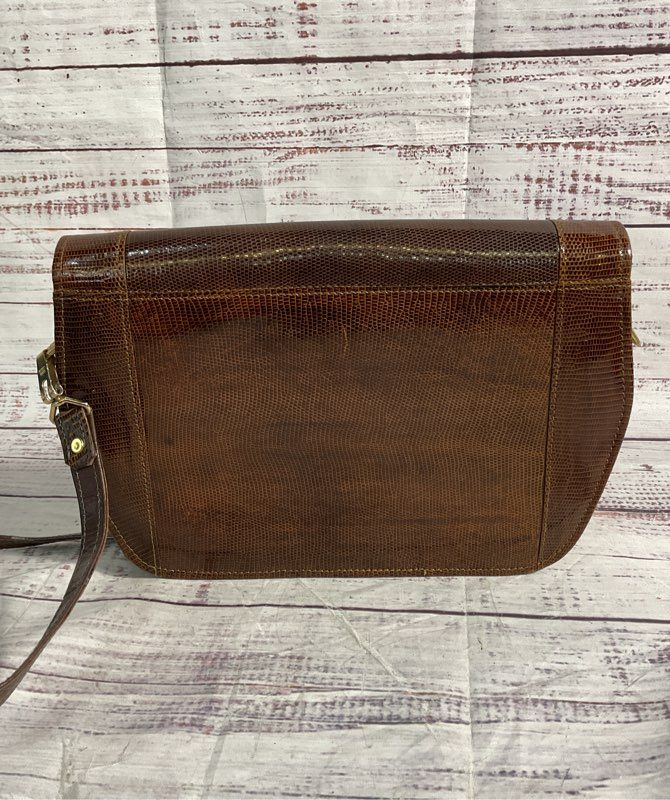 Vintage Brown Snake Embossed Leather Front Flap Shoulder Bag Women's