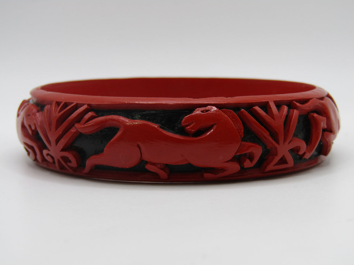 Artisan Handcrafted Carved Galloping Horses Cinnabar Lacquer Bangle Bracelet