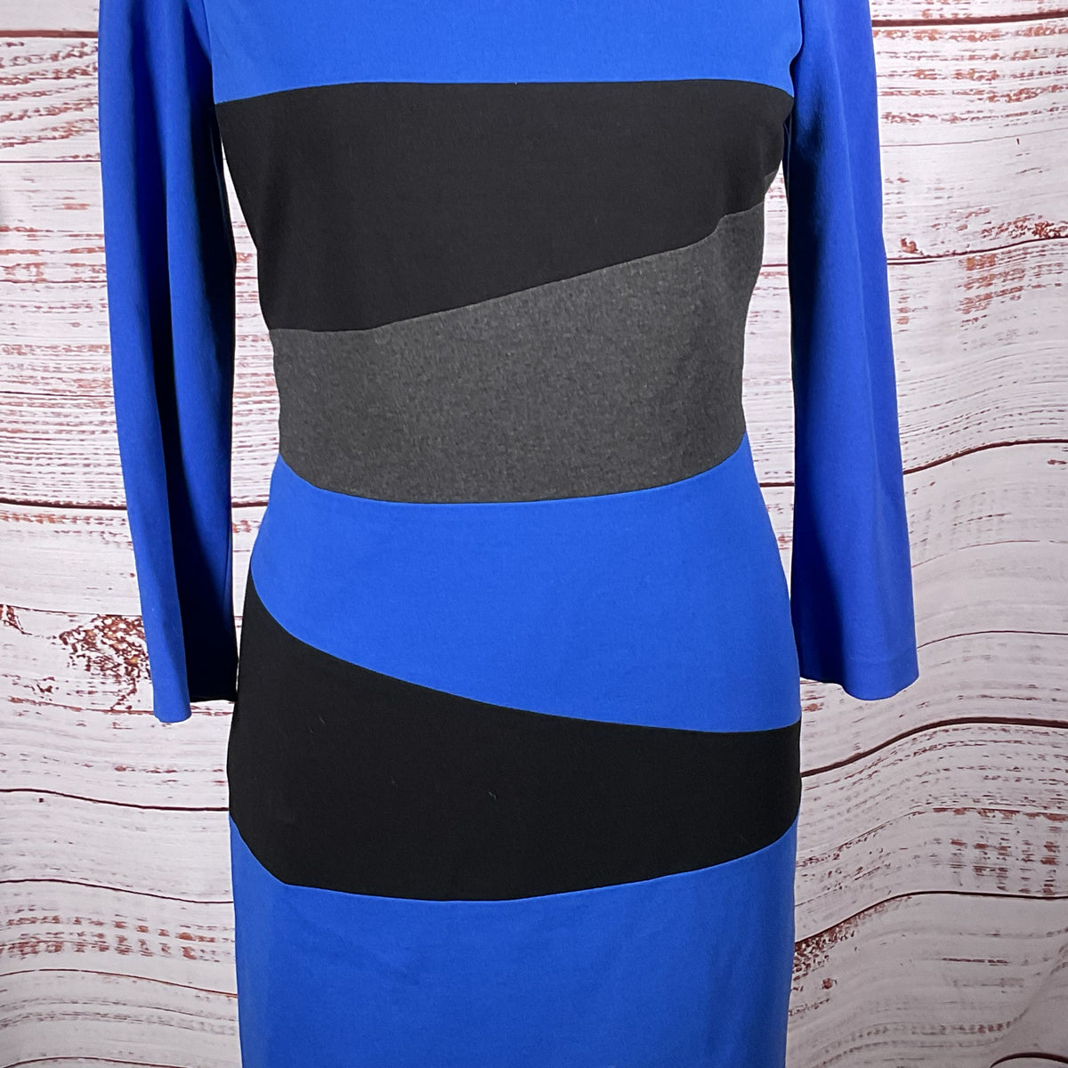 CARLISLE Women's Blue Asymmetric Pattern Long Sleeve Dress- SZ 4