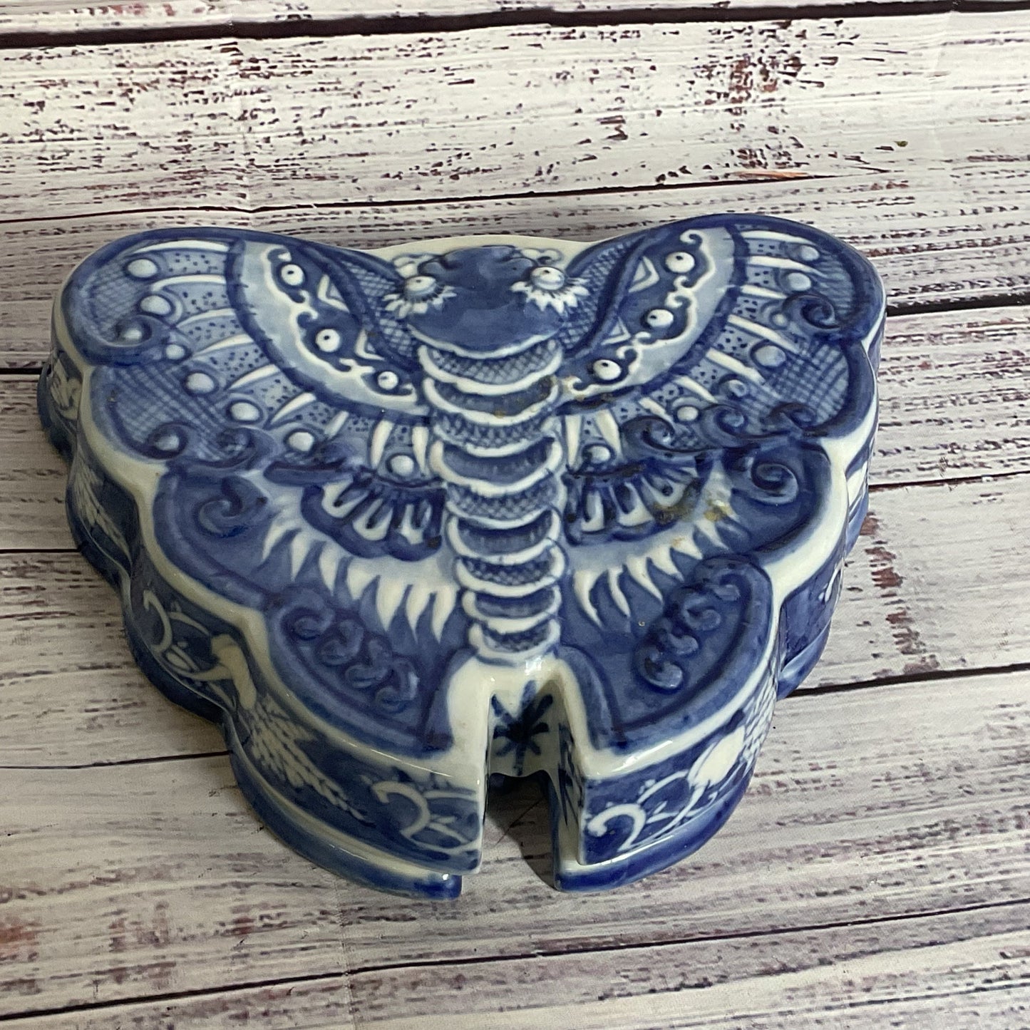 VTG./ANTIQUE Asian Blue & White Moth Shaped Removable Compartments Serving Dish