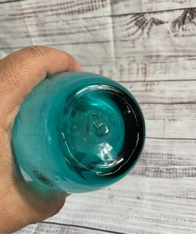 Contemporary Hand Blown Bent Neck Pontil Blue Art Glass Vase MCM Style 13” Tall