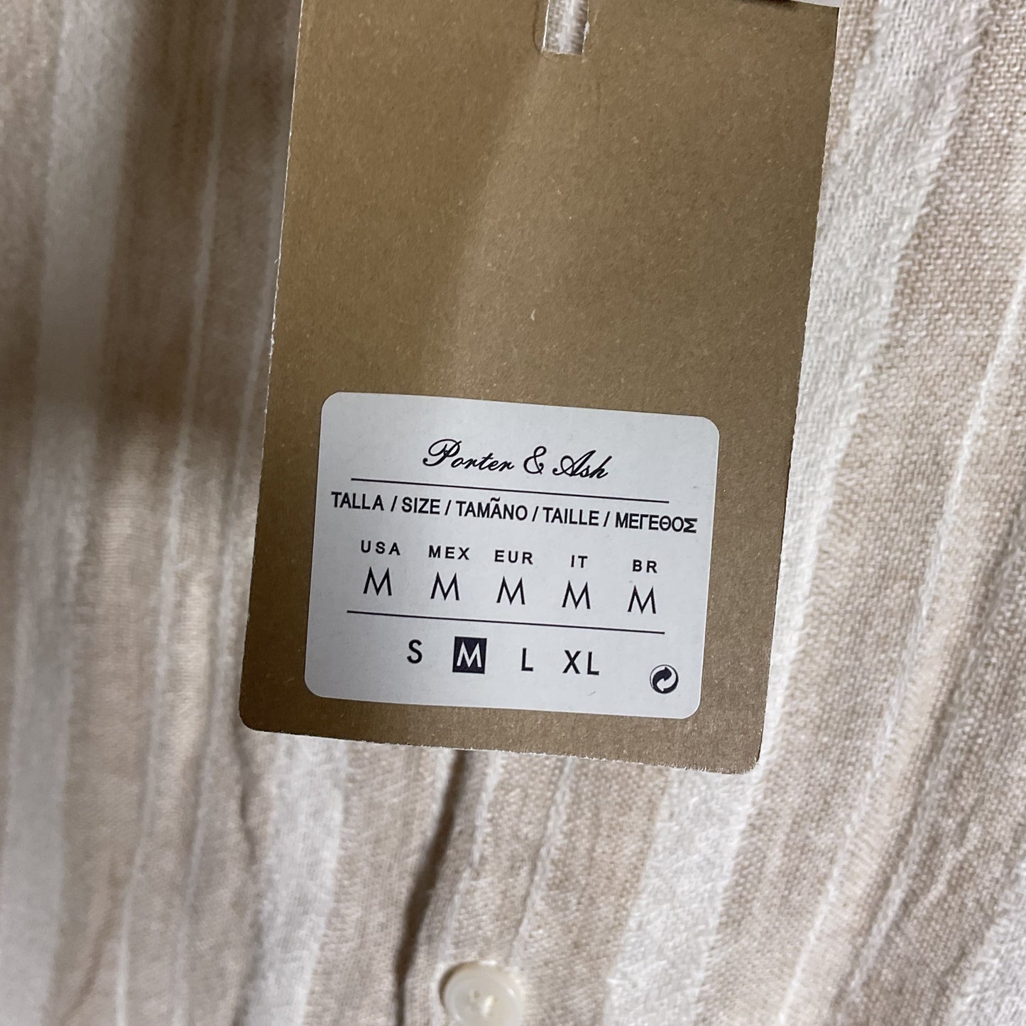 Porter & Ash Beige White Stripe Button Up Short Sleeve Shirt - Size M New