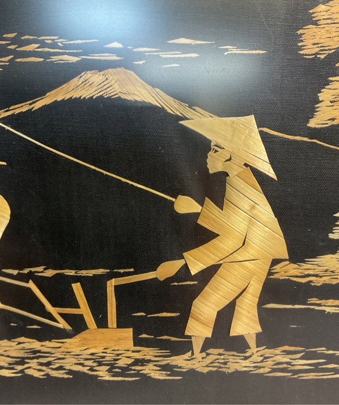 Vintage Straw Bamboo Farmer & Buffalo In Rice Fields Artwork Jakarta Indonesia