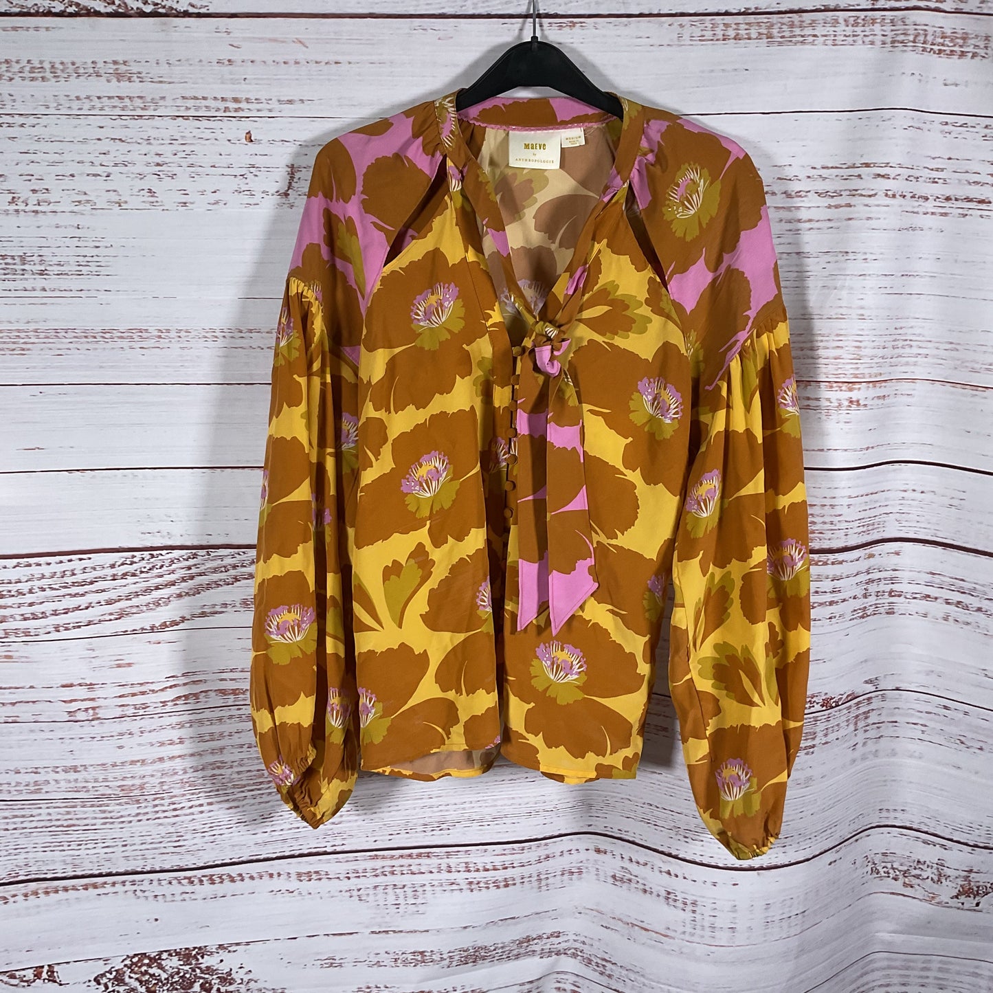 Maeve Anthropologie Floral Print Tie Neck Silk Blouse Top - Size Medium
