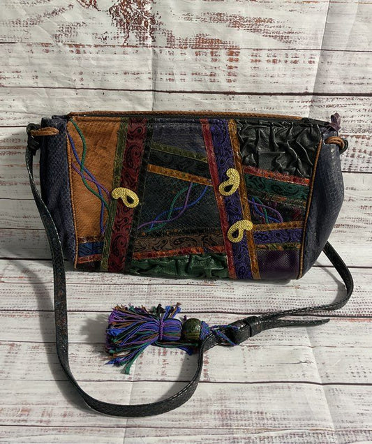 Vintage Carlo Fiori Multicolor Paisley Snakeskin Embossed Leather Crossbody Bag