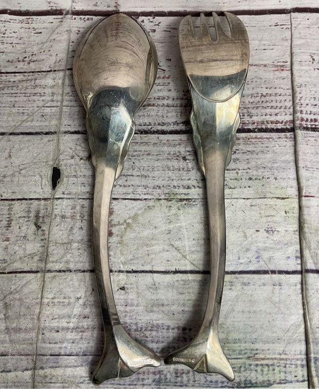 Godinger Figural Fish Form Salad Serving Spoon and Fork Set Silverplate