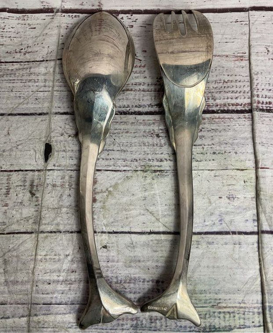 Godinger Figural Fish Form Salad Serving Spoon and Fork Set Silverplate