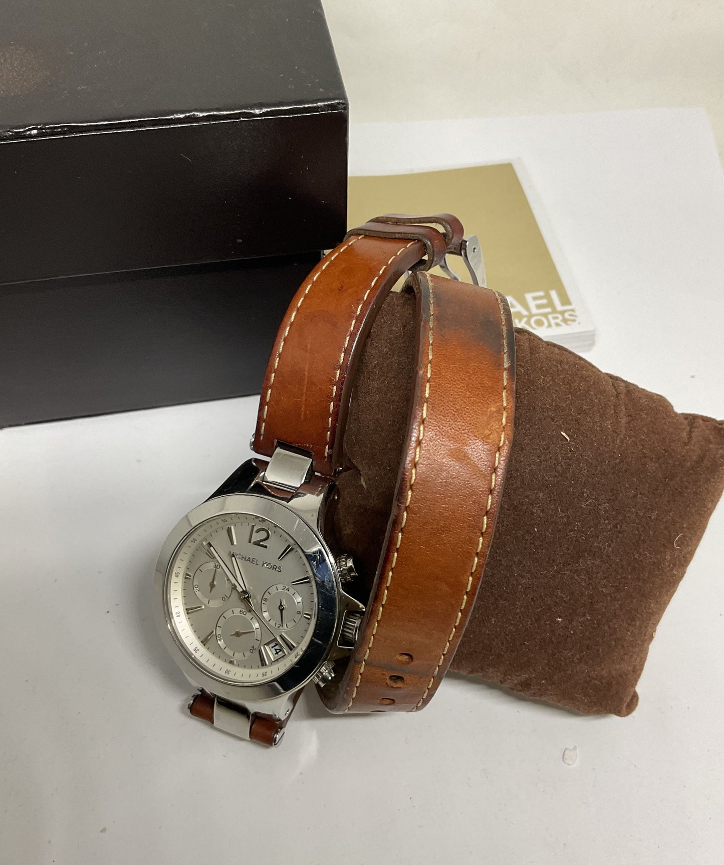 Michael Kors MK-2260 Peyton Silver Tone Case Brown Leather Wrap Watch