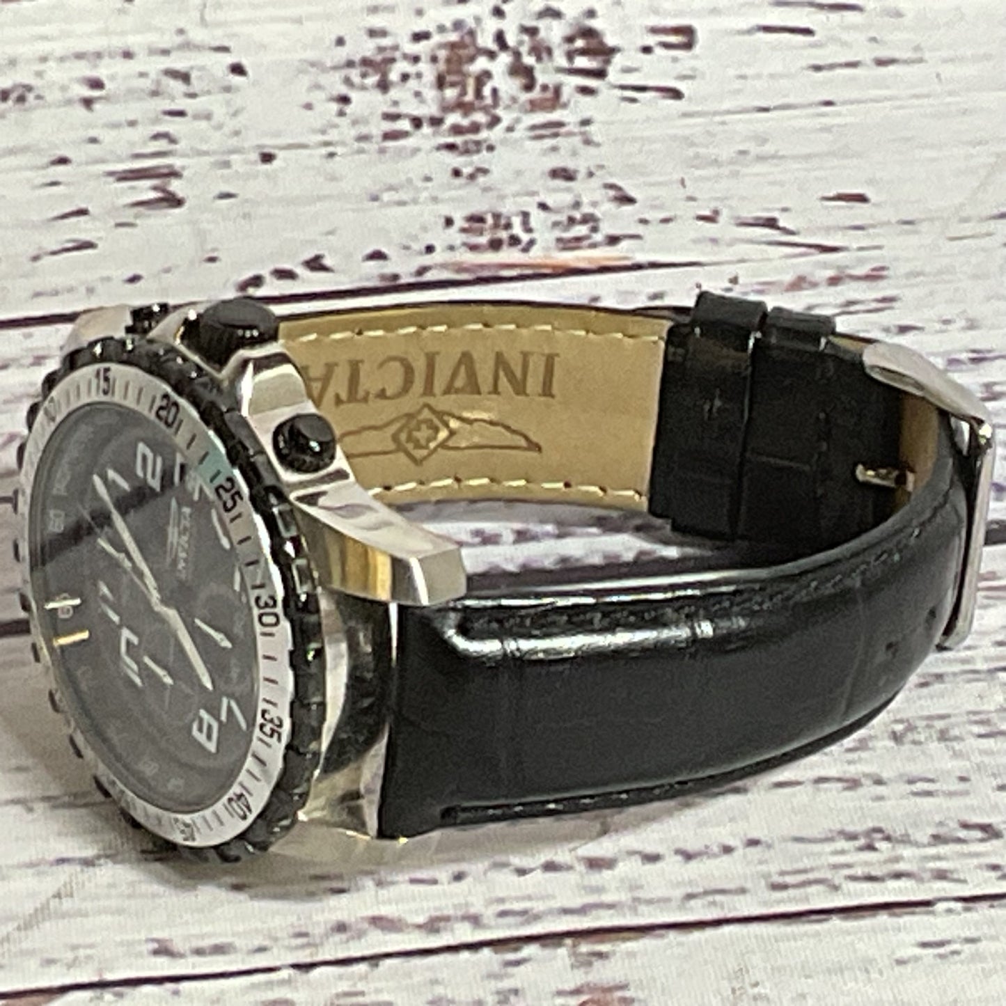 INVICTA 6001 Men's Silver Tone Black Leather Band Watch-NEEDS BATTERY