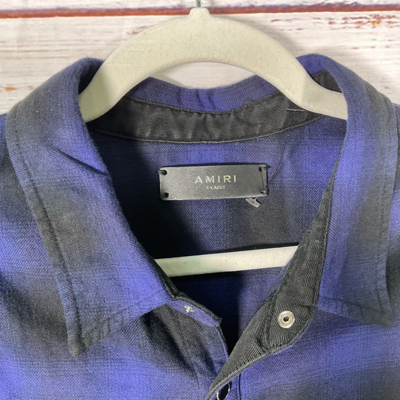 Amiri Blue Plaid Raw Hem 100% Cotton Flannel Button Up Shirt - Size XL