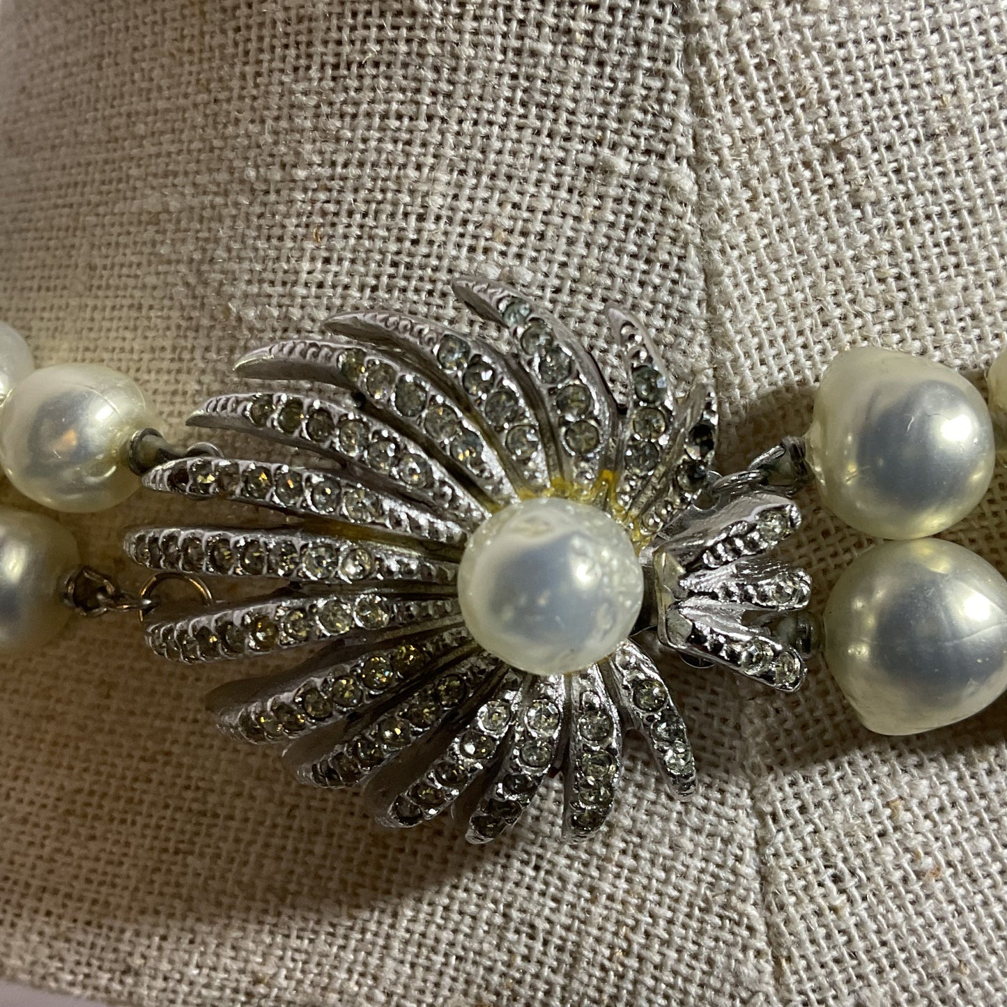 VTG. LES BERNARD Silver Tone Faux Pearls and Rhinestone 2-Strand Necklace- 24"