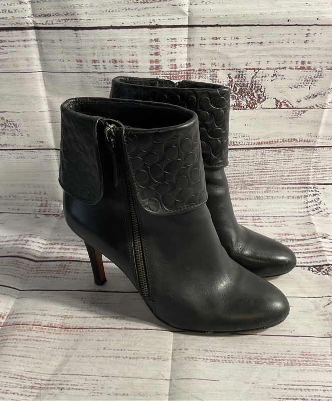 Coach Mackenna Size 8 B High Heel Booties Boots Embossed Cuff Leather Black
