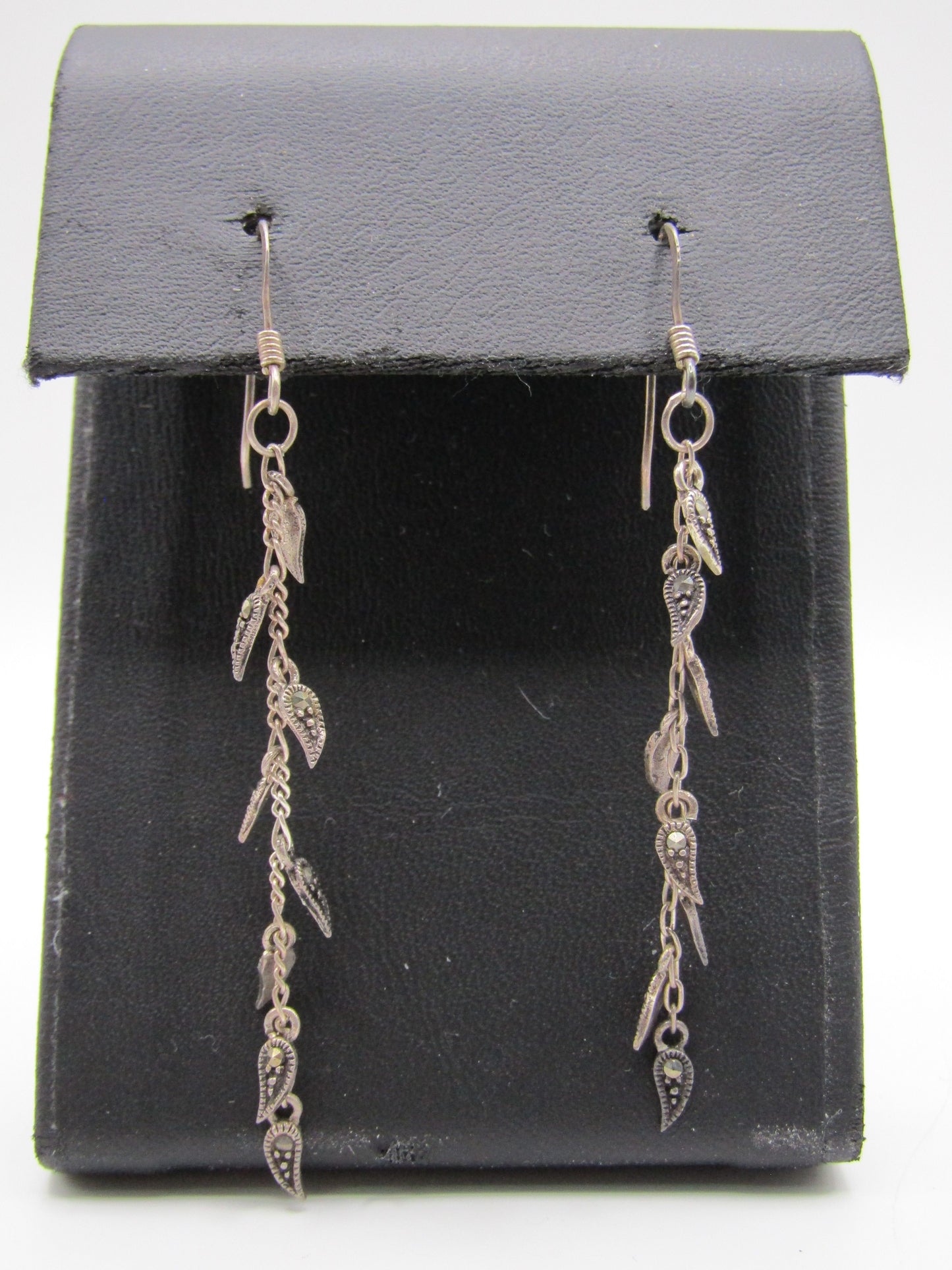Sterling Silver Marcasite Accent Leaf Vine Drop Dangle Earrings