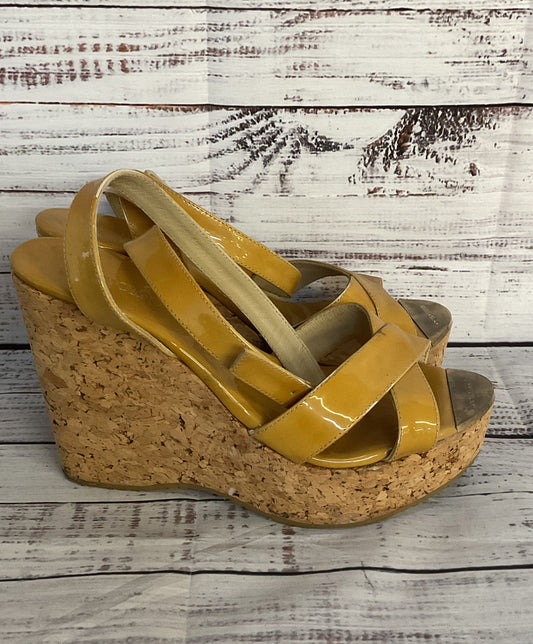 Jimmy Choo Patent Leather Strappy Cork Wedge Sandals Beige 8