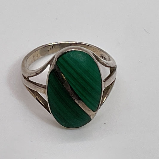 Sterling Silver & Oval Malachite Caged SZ 6.25 Ring- 3.71g