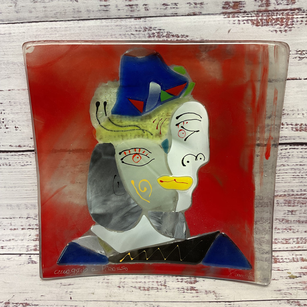 Franco Murano Omaggio A Picasso Style Abstract Art Face Glass Tray Dish 8" X 8"