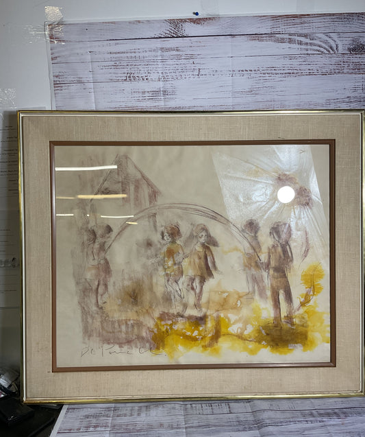 Signed VTG. D.L. POWELL Girls Jumping Rope Painting- FRAMED 30.5" X 36.5"