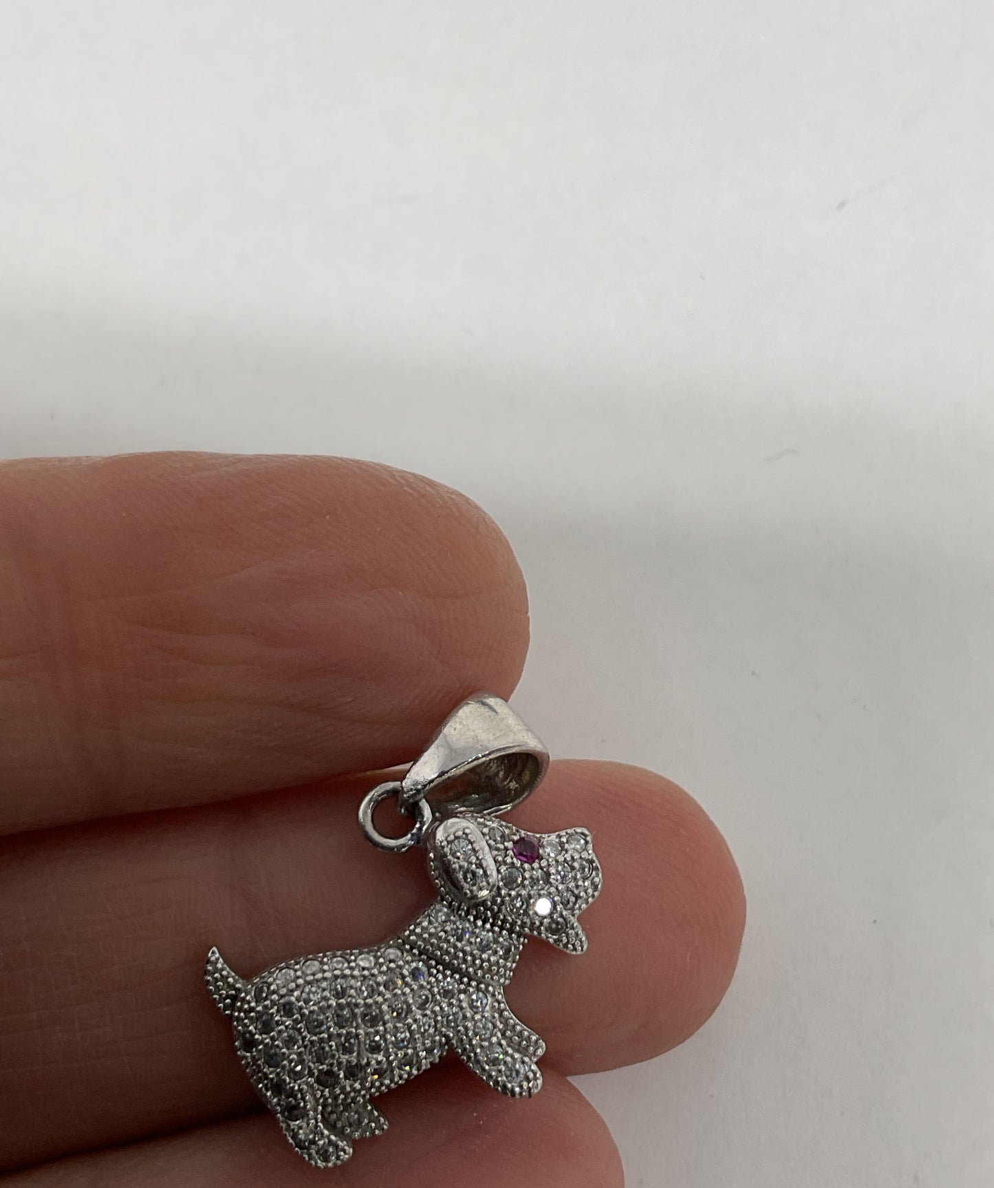 Pave Sterling Silver Dog Charm Pendant with Ruby Eye