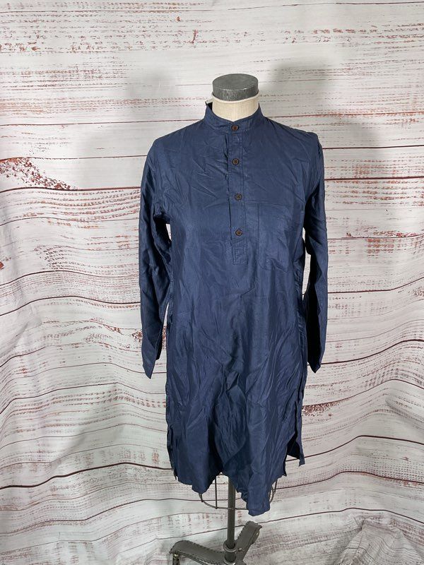 NEW Fabindia Shirt Men's Kurta Long Slim Fit Khadi 1/4 Button Blue Size 36